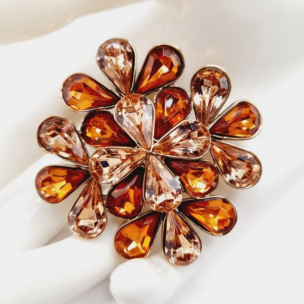 Vintage Amber Rhinestone Flower Brooch Gold Tone 2 Inch Statement Pin
